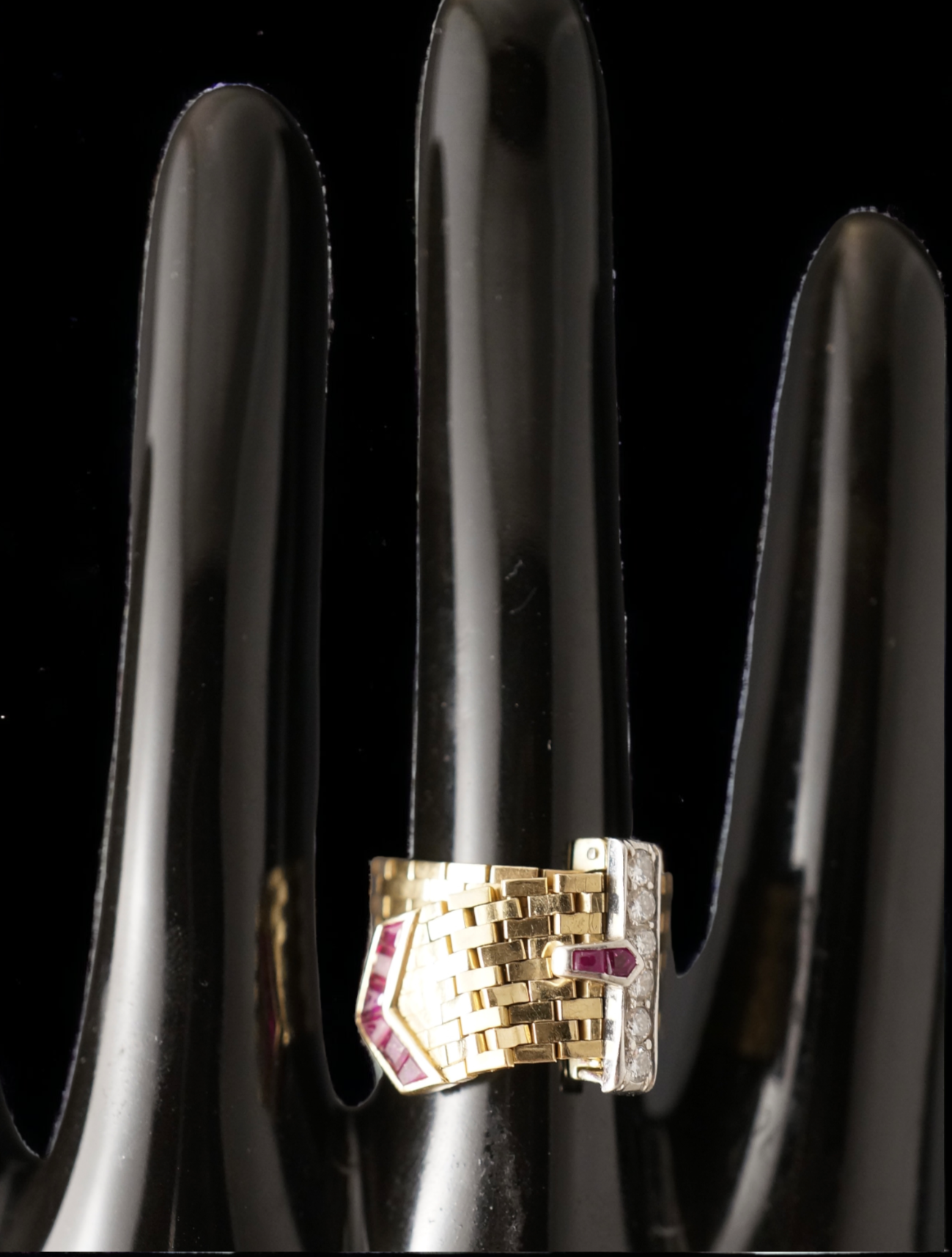 SUSPENDED WHILE SEEK UPDATED APPRAISAL on the PRECIOUS METALS/INQUIRE WITH INTEREST/  YELLOW GOLD & PLATINUM MESH CARTIER STYLE BELT RING NATURAL RUBY & DIAMONDS ADJUSTABLE SIZE