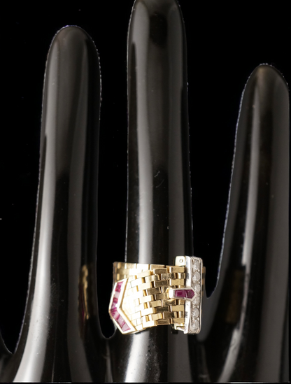 SUSPENDED WHILE SEEK UPDATED APPRAISAL on the PRECIOUS METALS/INQUIRE WITH INTEREST/  YELLOW GOLD & PLATINUM MESH CARTIER STYLE BELT RING NATURAL RUBY & DIAMONDS ADJUSTABLE SIZE