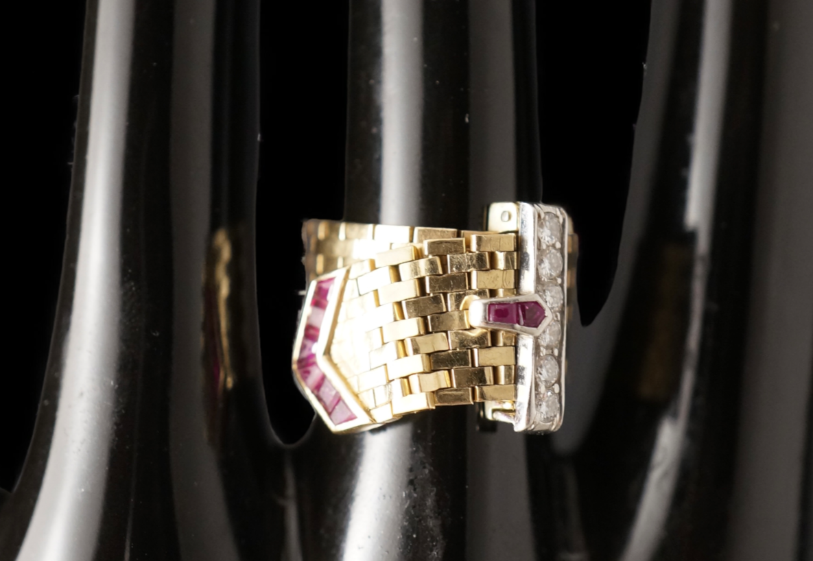 SUSPENDED WHILE SEEK UPDATED APPRAISAL on the PRECIOUS METALS/INQUIRE WITH INTEREST/  YELLOW GOLD & PLATINUM MESH CARTIER STYLE BELT RING NATURAL RUBY & DIAMONDS ADJUSTABLE SIZE