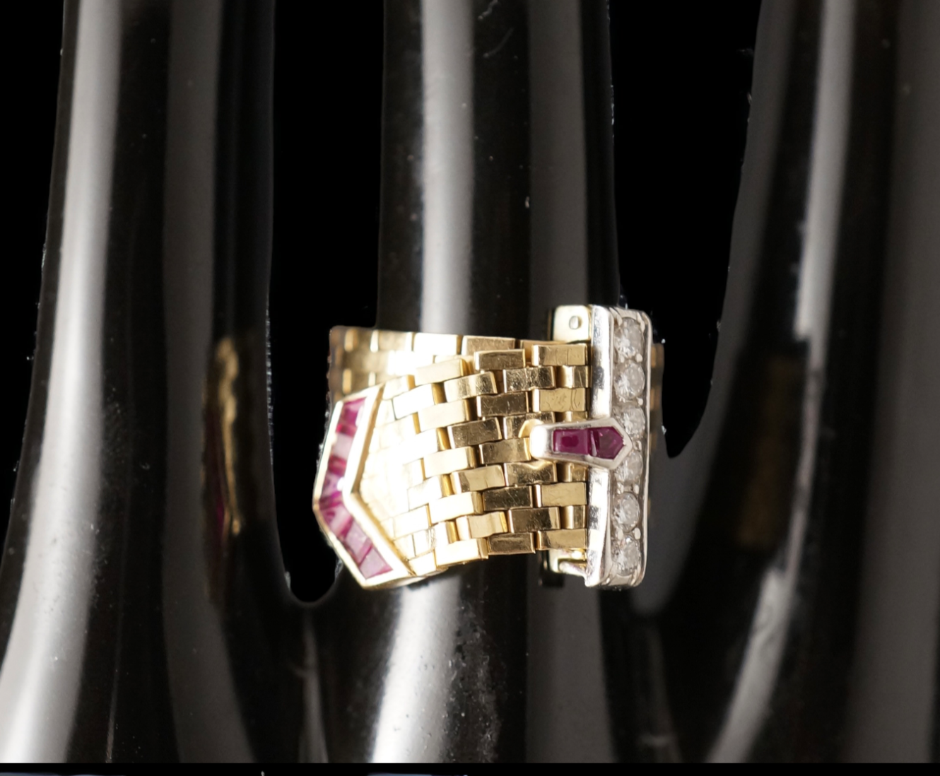 SUSPENDED WHILE SEEK UPDATED APPRAISAL on the PRECIOUS METALS/INQUIRE WITH INTEREST/  YELLOW GOLD & PLATINUM MESH CARTIER STYLE BELT RING NATURAL RUBY & DIAMONDS ADJUSTABLE SIZE