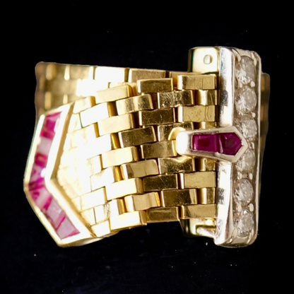 SUSPENDED WHILE SEEK UPDATED APPRAISAL on the PRECIOUS METALS/INQUIRE WITH INTEREST/  YELLOW GOLD & PLATINUM MESH CARTIER STYLE BELT RING NATURAL RUBY & DIAMONDS ADJUSTABLE SIZE