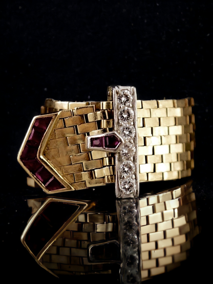 SUSPENDED WHILE SEEK UPDATED APPRAISAL on the PRECIOUS METALS/INQUIRE WITH INTEREST/  YELLOW GOLD & PLATINUM MESH CARTIER STYLE BELT RING NATURAL RUBY & DIAMONDS ADJUSTABLE SIZE