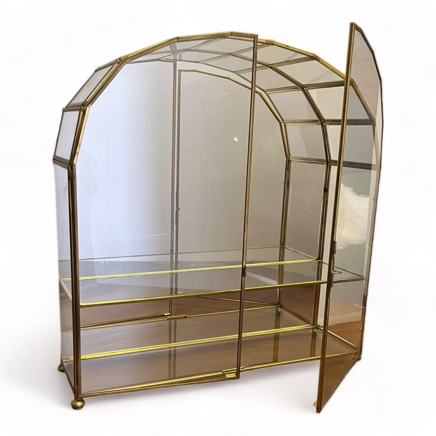 LARGE ARCHED VINTAGE BRASS & GLASS CURIO STORAGE CABINET - TABLE TOP