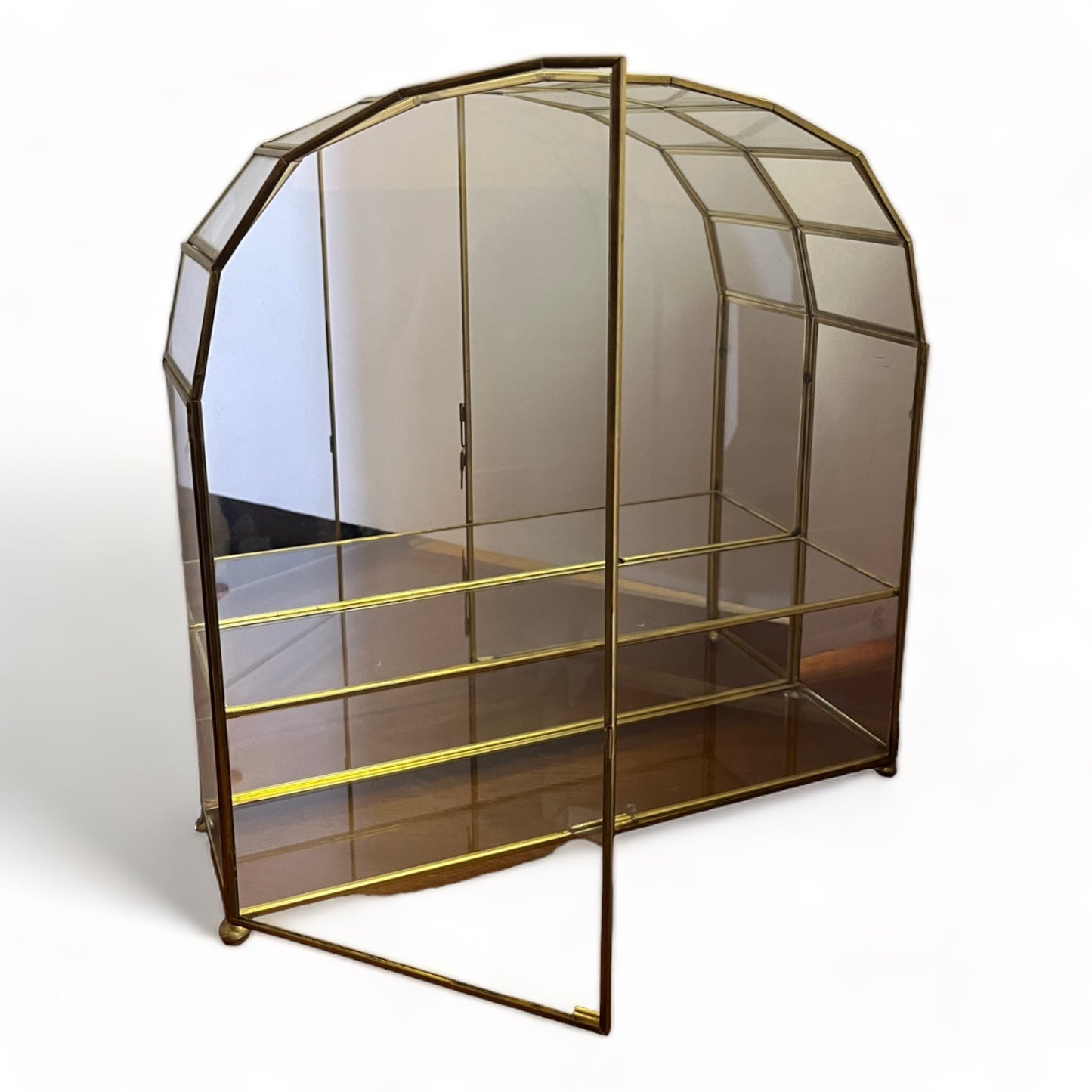 LARGE ARCHED VINTAGE BRASS & GLASS CURIO STORAGE CABINET - TABLE TOP