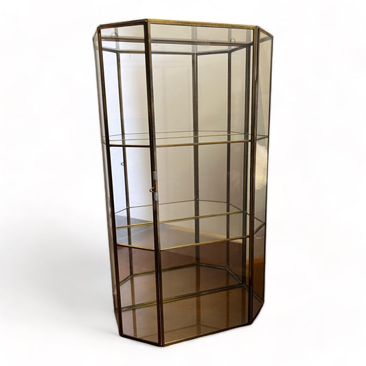 LARGE VINTAGE HEXAGONAL BRASS & GLASS CURIO STORAGE CABINET - WALL MOUNTED OR TABLE TOP