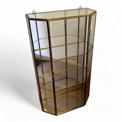 LARGE VINTAGE HEXAGONAL BRASS & GLASS CURIO STORAGE CABINET - WALL MOUNTED OR TABLE TOP