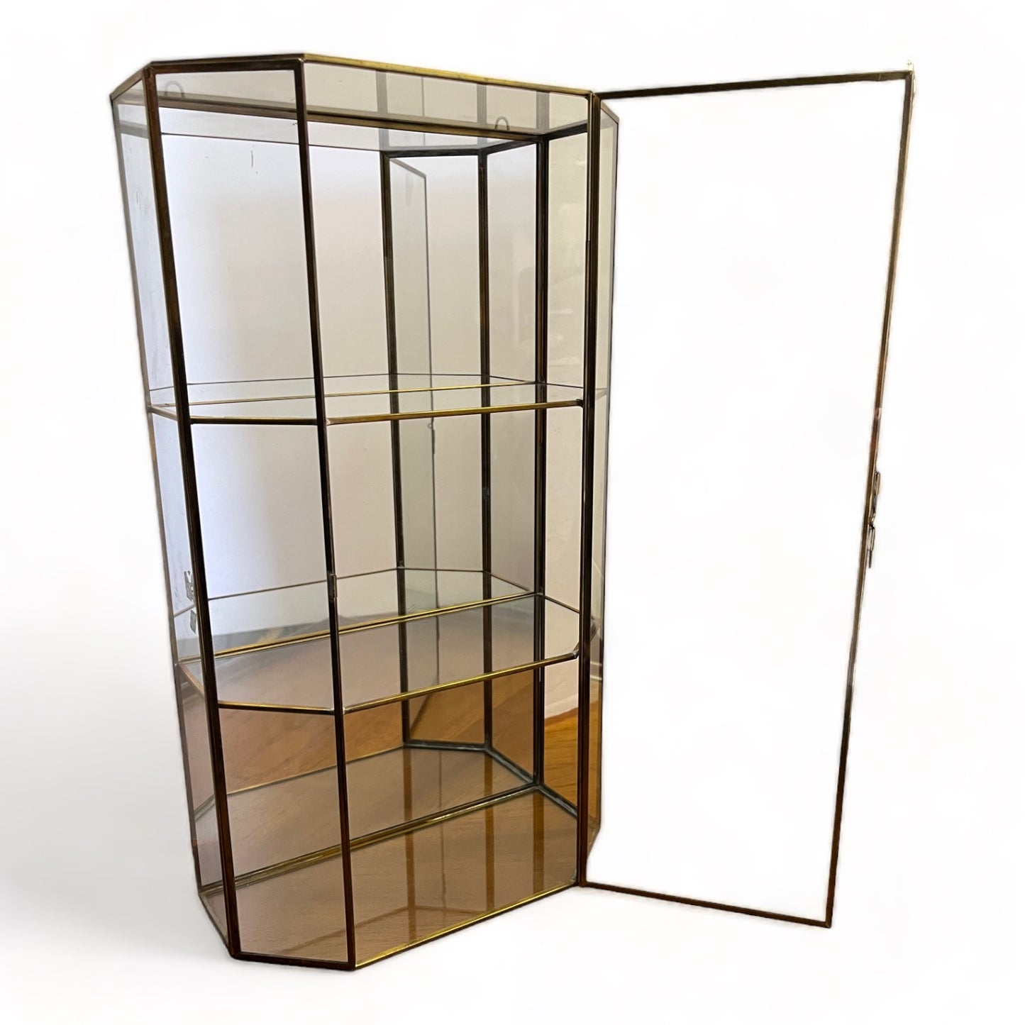 LARGE VINTAGE HEXAGONAL BRASS & GLASS CURIO STORAGE CABINET - WALL MOUNTED OR TABLE TOP