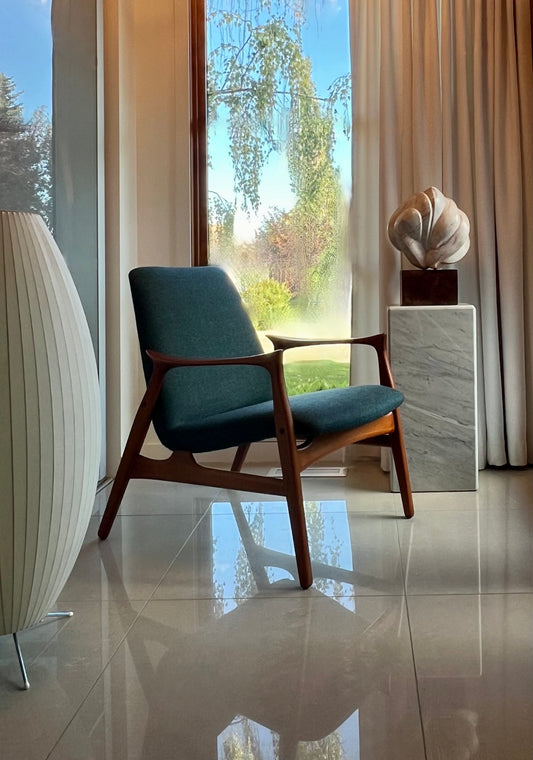 ICONIC RARE SOLID TEAK ARNE HOVMAND OLSEN DESIGN for MOGENS KOLD MOBILFABRIK MODEL #240 PROFESSIONALLY REFINISHED/ REUPHOLSTERED IN MAHARAM WOOL