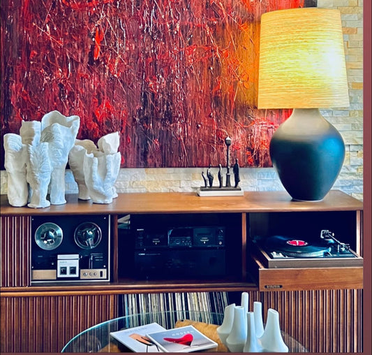 RARE MASSIVE LOTTE BOSTLUND CERAMIC LAMP- HEARTH/TABLE LIGHT- w/ ORIGINAL SPUN FIBREGLAS CONE SHADE