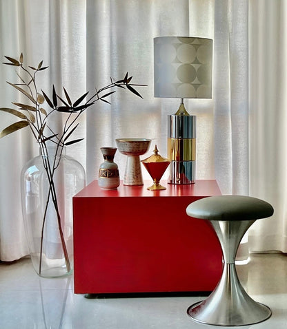 ELEGANT GLAM CHROME & BRASS MCM STYLE TABLE LAMP & GRAPHIC BROCADE SHADE