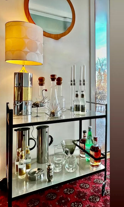 ELEGANT GLAM CHROME & BRASS MCM STYLE TABLE LAMP & GRAPHIC BROCADE SHADE