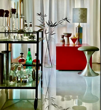 ELEGANT GLAM CHROME & BRASS MCM STYLE TABLE LAMP & GRAPHIC BROCADE SHADE