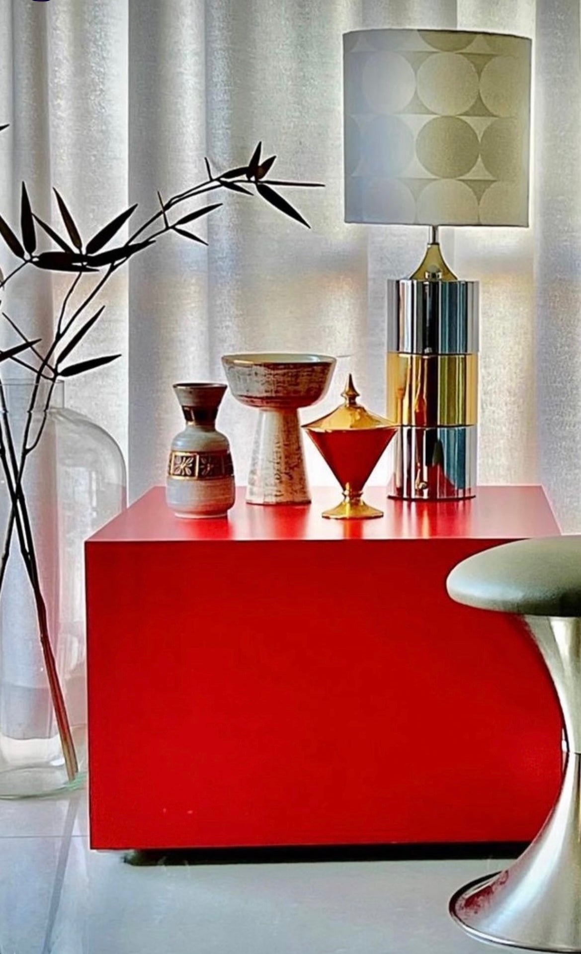 ELEGANT GLAM CHROME & BRASS MCM STYLE TABLE LAMP & GRAPHIC BROCADE SHADE