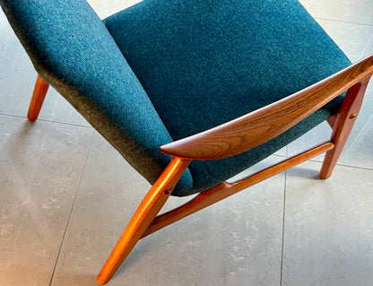 ICONIC RARE SOLID TEAK ARNE HOVMAND OLSEN DESIGN for MOGENS KOLD MOBILFABRIK MODEL #240 PROFESSIONALLY REFINISHED/ REUPHOLSTERED IN MAHARAM WOOL