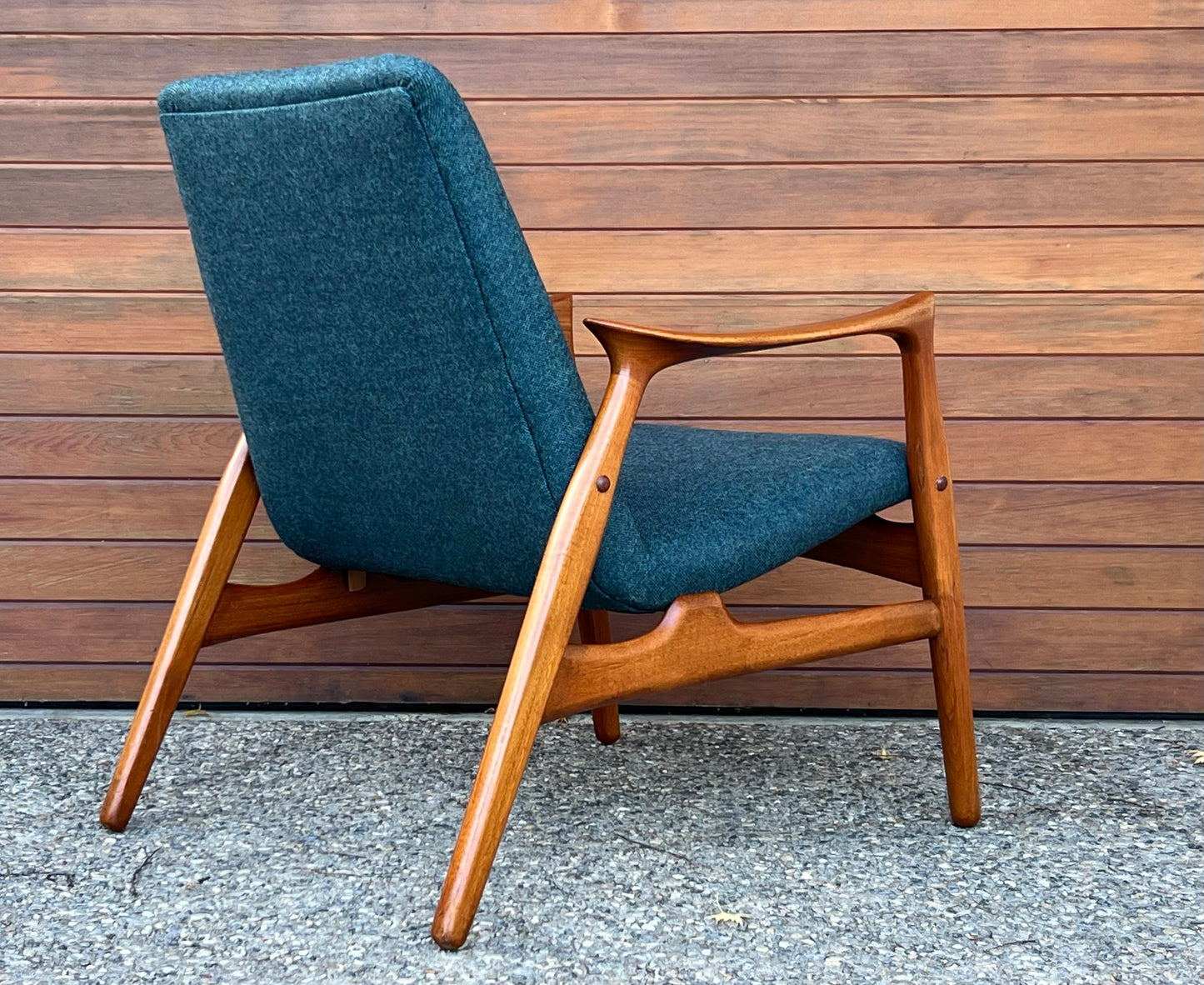 ICONIC RARE SOLID TEAK ARNE HOVMAND OLSEN DESIGN for MOGENS KOLD MOBILFABRIK MODEL #240 PROFESSIONALLY REFINISHED/ REUPHOLSTERED IN MAHARAM WOOL