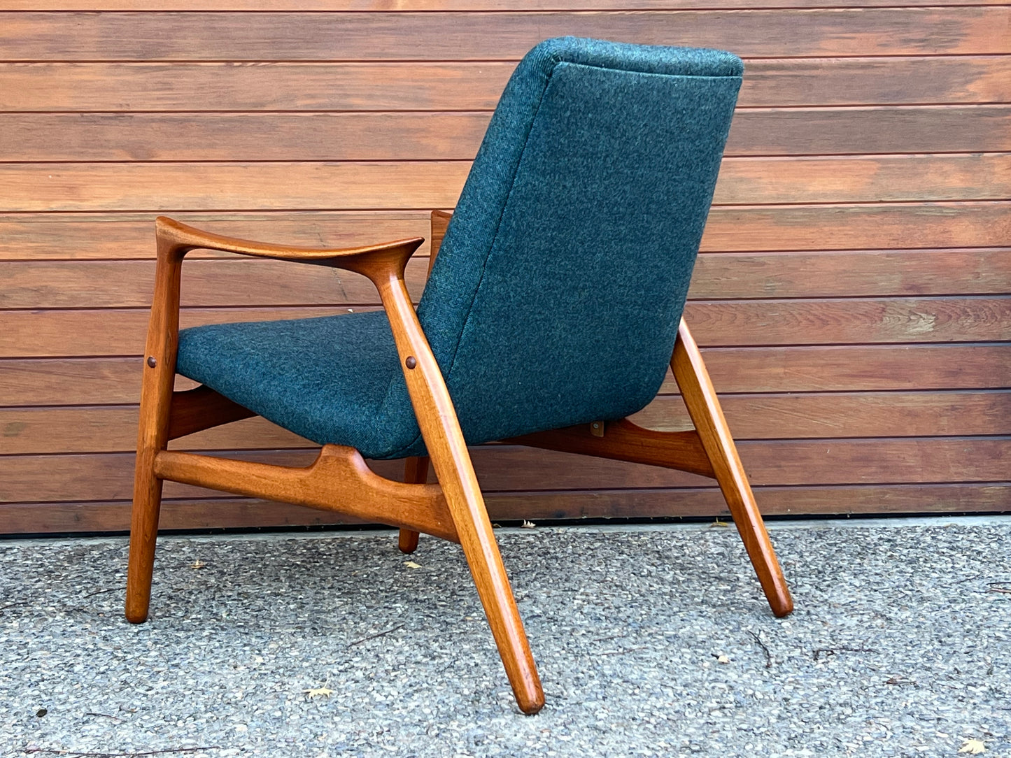 ICONIC RARE SOLID TEAK ARNE HOVMAND OLSEN DESIGN for MOGENS KOLD MOBILFABRIK MODEL #240 PROFESSIONALLY REFINISHED/ REUPHOLSTERED IN MAHARAM WOOL