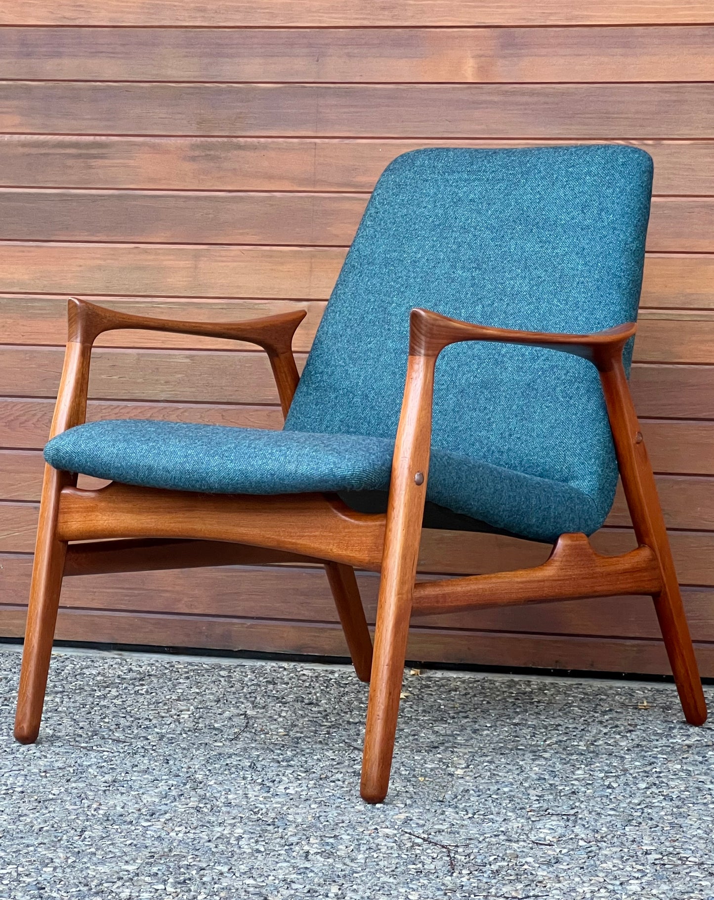 ICONIC RARE SOLID TEAK ARNE HOVMAND OLSEN DESIGN for MOGENS KOLD MOBILFABRIK MODEL #240 PROFESSIONALLY REFINISHED/ REUPHOLSTERED IN MAHARAM WOOL