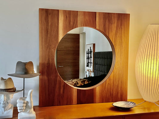 MASSIVE WALL HUNG ROUND MIRROR IN SQUARE FRAME