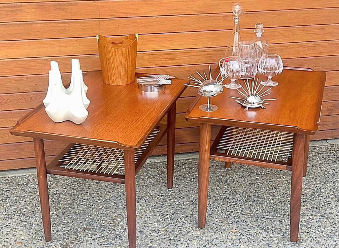 SET OF 2 PAIR, PROFESSIONALLY REFINISHED & REWOVEN TEAK SIDE TABLES w/ CANED LOWER SHELF