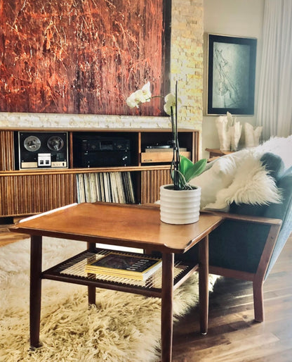 SET OF 2 PAIR, PROFESSIONALLY REFINISHED & REWOVEN TEAK SIDE TABLES w/ CANED LOWER SHELF