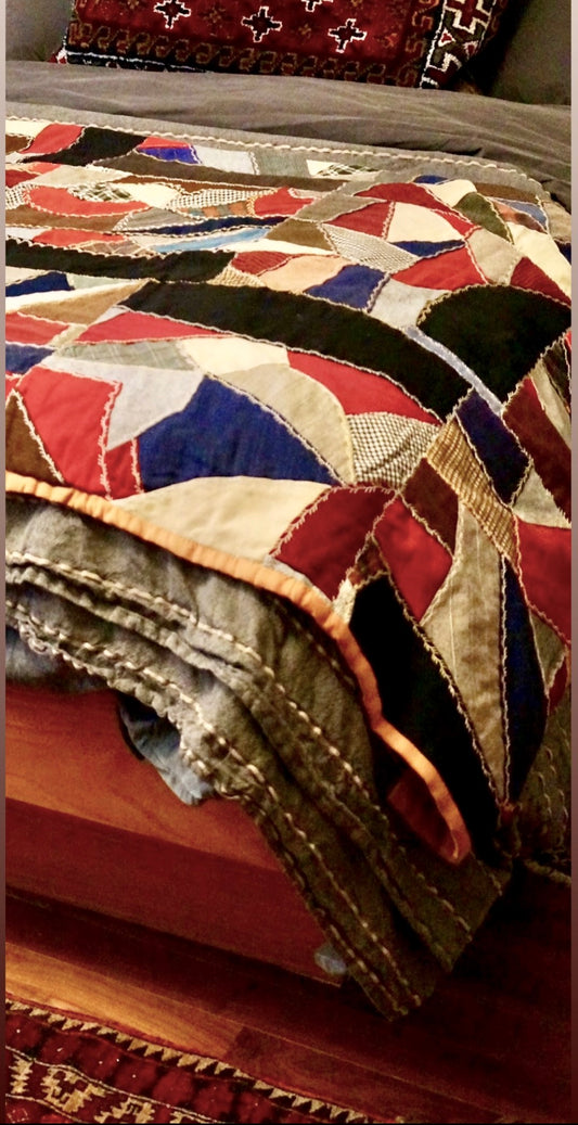 GORGEOUS HANDMADE WOOL SUITING or REPURPOSED CLOTHES AND MILITARY PA TCH /UNIFORMS MULTICOLOR CRAZY QUILT