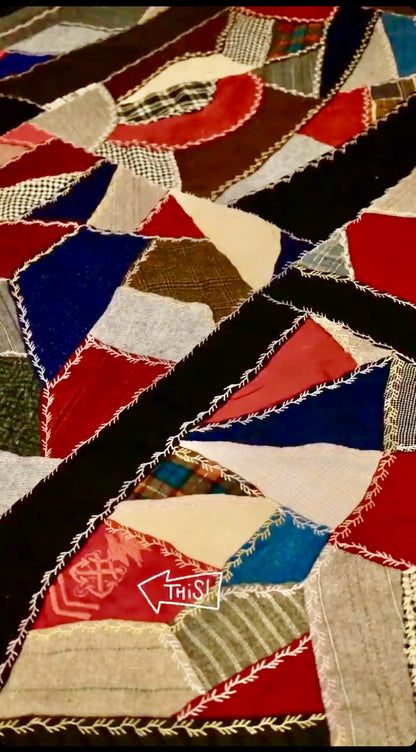 GORGEOUS HANDMADE WOOL SUITING or REPURPOSED CLOTHES AND MILITARY PA TCH /UNIFORMS MULTICOLOR CRAZY QUILT