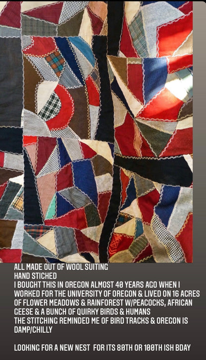 GORGEOUS HANDMADE WOOL SUITING or REPURPOSED CLOTHES AND MILITARY PA TCH /UNIFORMS MULTICOLOR CRAZY QUILT