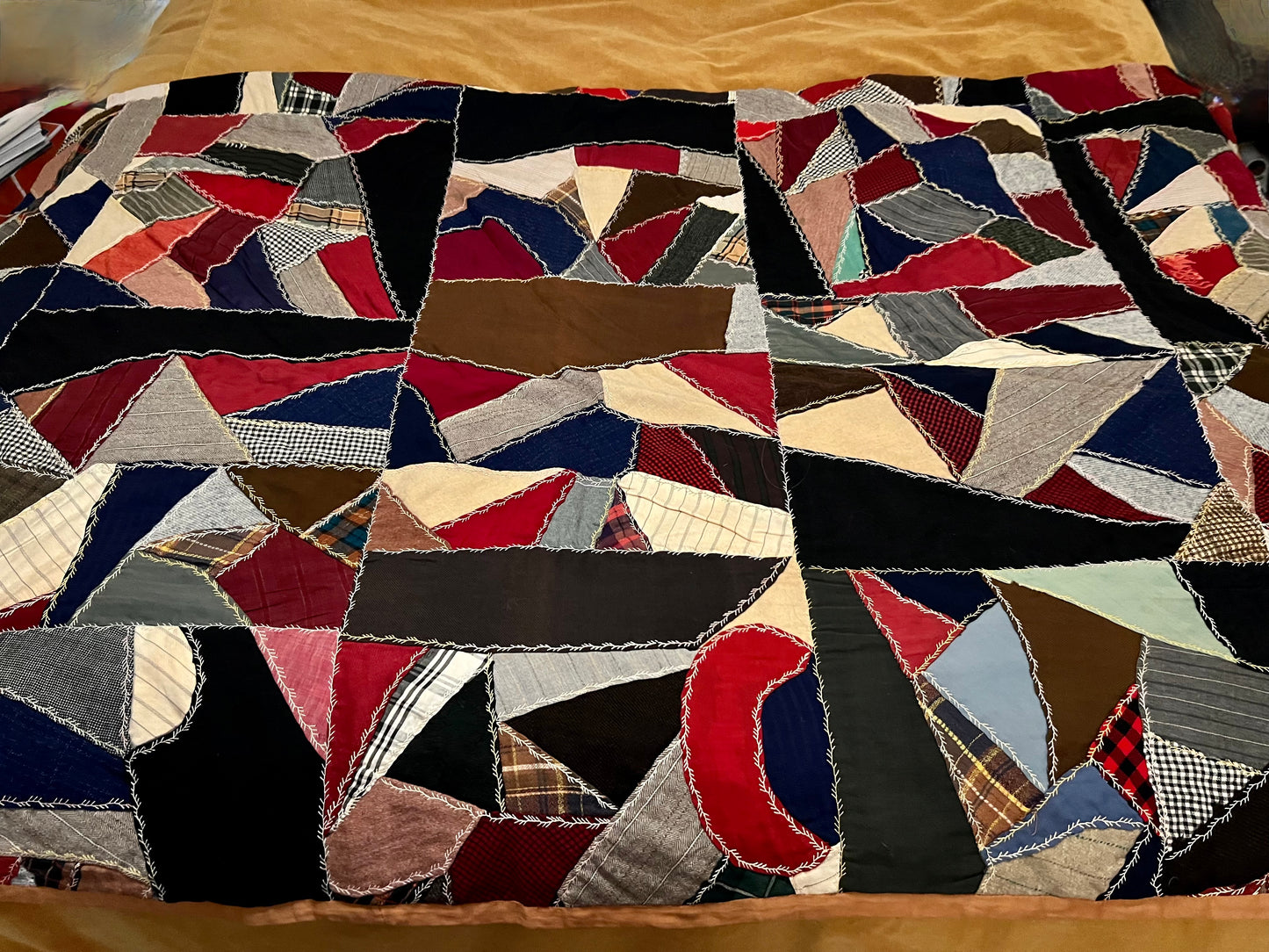 GORGEOUS HANDMADE WOOL SUITING or REPURPOSED CLOTHES AND MILITARY PA TCH /UNIFORMS MULTICOLOR CRAZY QUILT