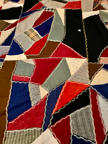 GORGEOUS HANDMADE WOOL SUITING or REPURPOSED CLOTHES AND MILITARY PA TCH /UNIFORMS MULTICOLOR CRAZY QUILT