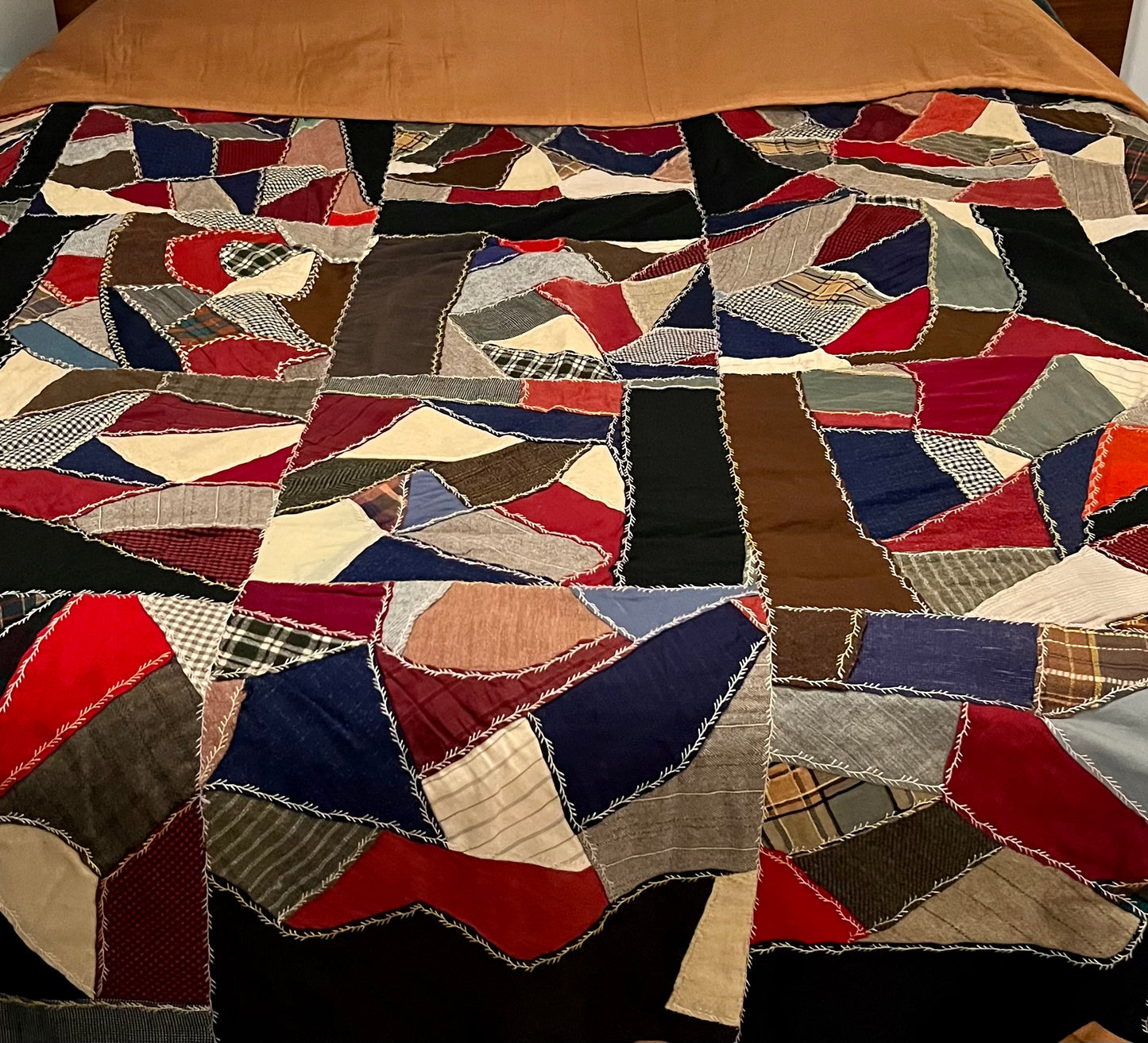 GORGEOUS HANDMADE WOOL SUITING or REPURPOSED CLOTHES AND MILITARY PA TCH /UNIFORMS MULTICOLOR CRAZY QUILT