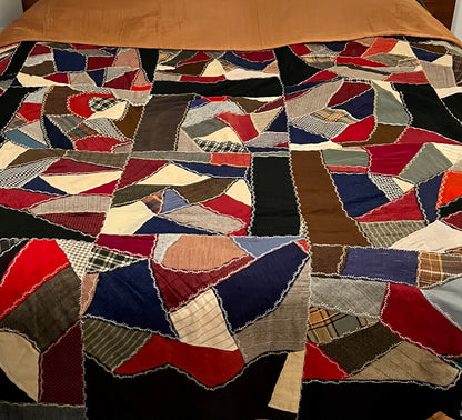 GORGEOUS HANDMADE WOOL SUITING or REPURPOSED CLOTHES AND MILITARY PA TCH /UNIFORMS MULTICOLOR CRAZY QUILT