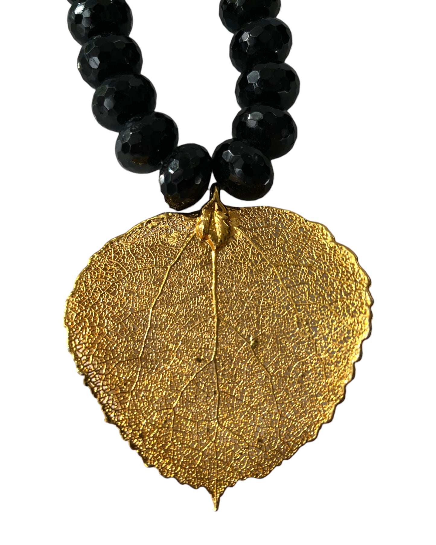 HEAVY BLACK FACETED BEAD NECKLACE w/ GILDED LEAF PENDANT