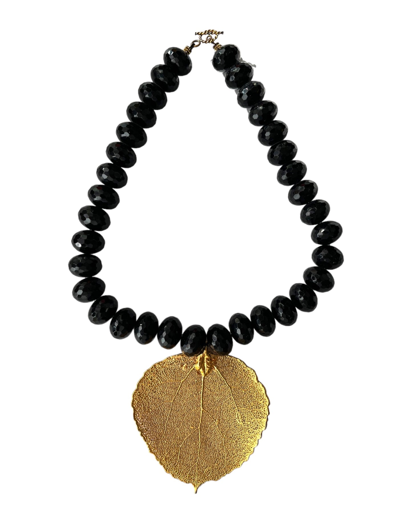 HEAVY BLACK FACETED BEAD NECKLACE w/ GILDED LEAF PENDANT