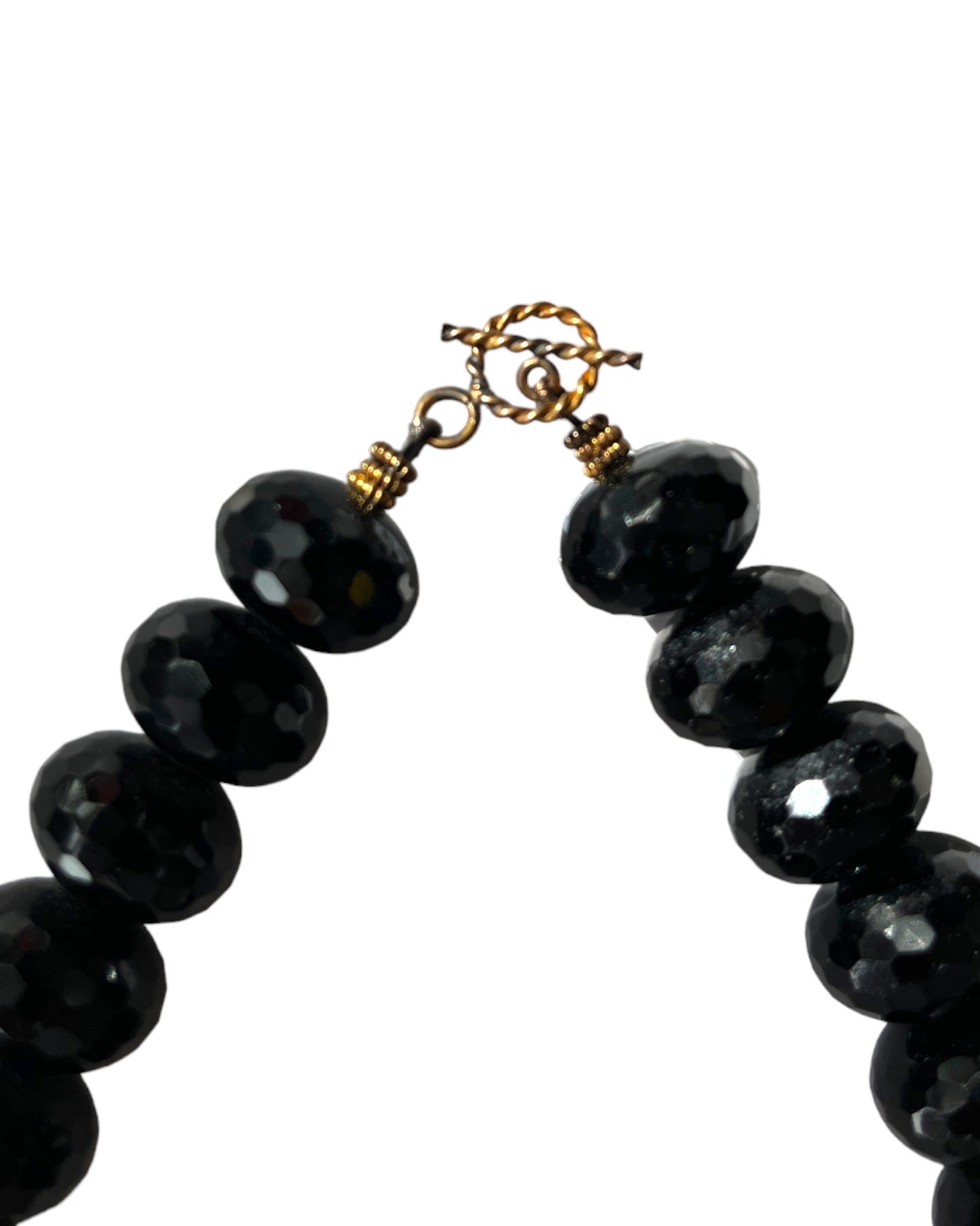 HEAVY BLACK FACETED BEAD NECKLACE w/ GILDED LEAF PENDANT