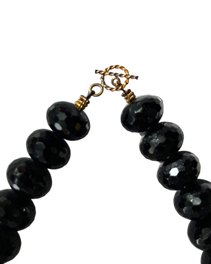 HEAVY BLACK FACETED BEAD NECKLACE w/ GILDED LEAF PENDANT