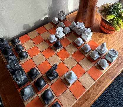 HAND MADE IN CANADA UNIQUE CERAMIC CHESS SET and WOODEN CUSTOM MADE ORANGE ACCENT BOARD (2nd original board included)