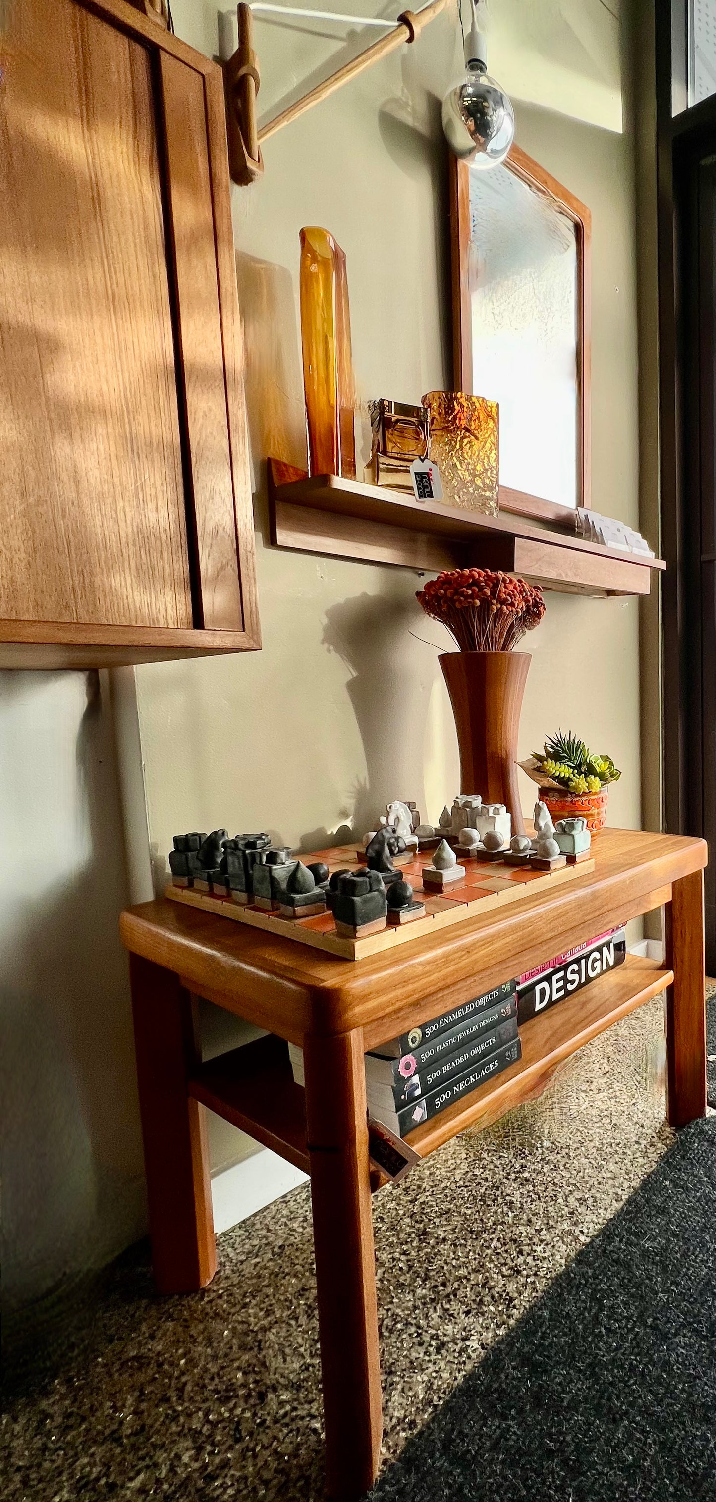 HAND MADE IN CANADA UNIQUE CERAMIC CHESS SET and WOODEN CUSTOM MADE ORANGE ACCENT BOARD (2nd original board included)