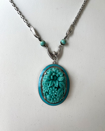 FANTASTIC QUALITY & DETAILING MOLDED GLASS FRAMED w/ ENAMEL & ALUMINIUM NECKLACE & MATCHING BRACELET DEMI-PARURE