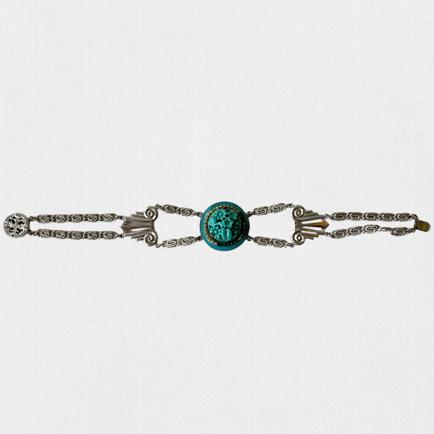 FANTASTIC QUALITY & DETAILING MOLDED GLASS FRAMED w/ ENAMEL & ALUMINIUM NECKLACE & MATCHING BRACELET DEMI-PARURE