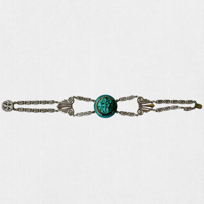 FANTASTIC QUALITY & DETAILING MOLDED GLASS FRAMED w/ ENAMEL & ALUMINIUM NECKLACE & MATCHING BRACELET DEMI-PARURE