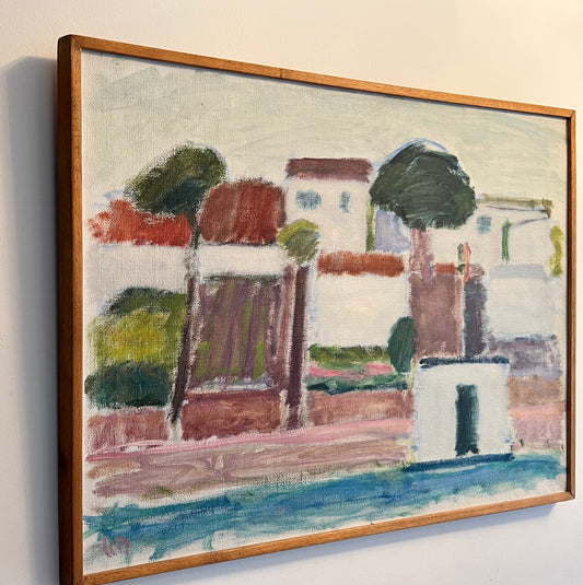 ORIGINAL SIGNED VINTAGE MID CENTURY MCM STUDIO ART PAINTING ON BOARD ATTRIBUTED SWEDEN