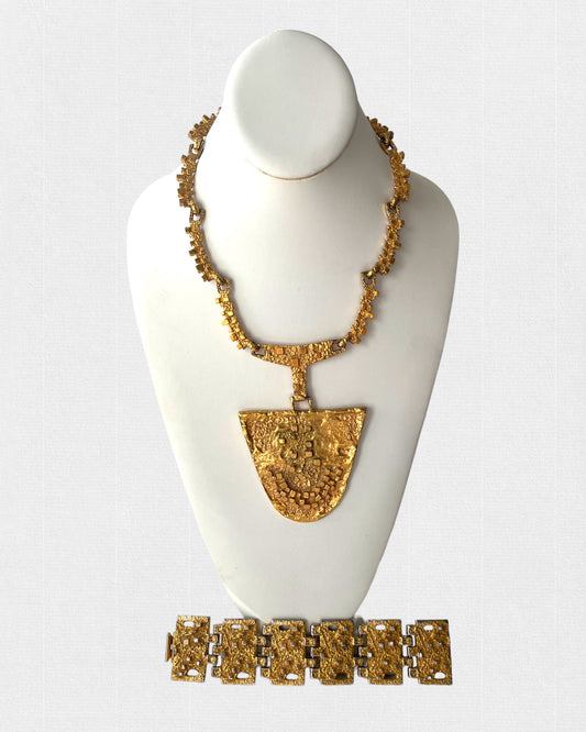 RARE & EPIC BRUTALIST GOLD PLATED PEWTER NECKLACE & BRACELET SET by MID CENTURY MODERN MONTREAL QUEBEC ARCHITECT/DESIGNER ROBERT LARIN