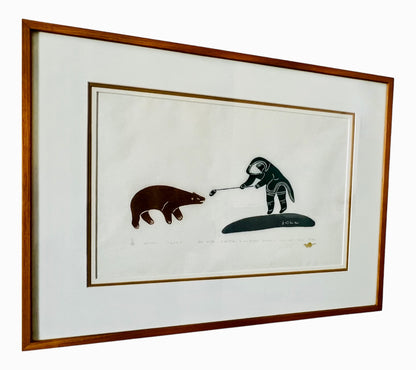 WORLDWIDE EXHIBITED INUIT ARTIST JUANISIALUK IRQUMIA STONECUT "STORY OF THE OLD WOMAN CHOKING A BEAR WITH HER MITTEN"