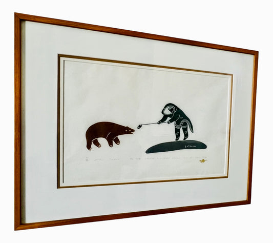 WORLDWIDE EXHIBITED INUIT ARTIST JUANISIALUK IRQUMIA STONECUT "STORY OF THE OLD WOMAN CHOKING A BEAR WITH HER MITTEN"