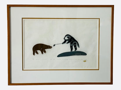 WORLDWIDE EXHIBITED INUIT ARTIST JUANISIALUK IRQUMIA STONECUT "STORY OF THE OLD WOMAN CHOKING A BEAR WITH HER MITTEN"