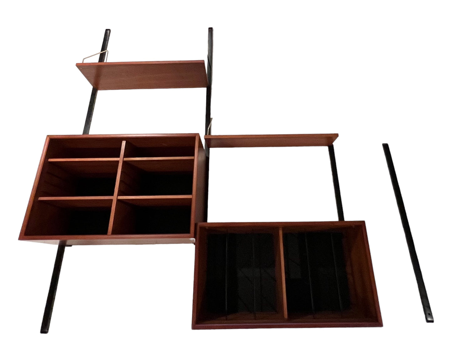 CADO STYLE TEAK 2-3 BAY MODULAR WALL SYSTEM BLACK RAILS & BRASS ARMS