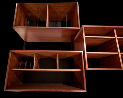 CADO STYLE TEAK 2-3 BAY MODULAR WALL SYSTEM BLACK RAILS & BRASS ARMS