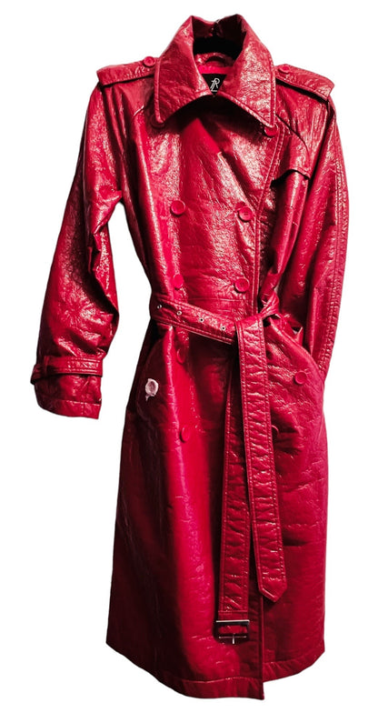 FUN & FLATTERING RED 'WET LOOK' RAINCOAT TRENCH BELTED & DOUBLE BREASTED