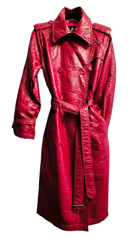 FUN & FLATTERING RED 'WET LOOK' RAINCOAT TRENCH BELTED & DOUBLE BREASTED