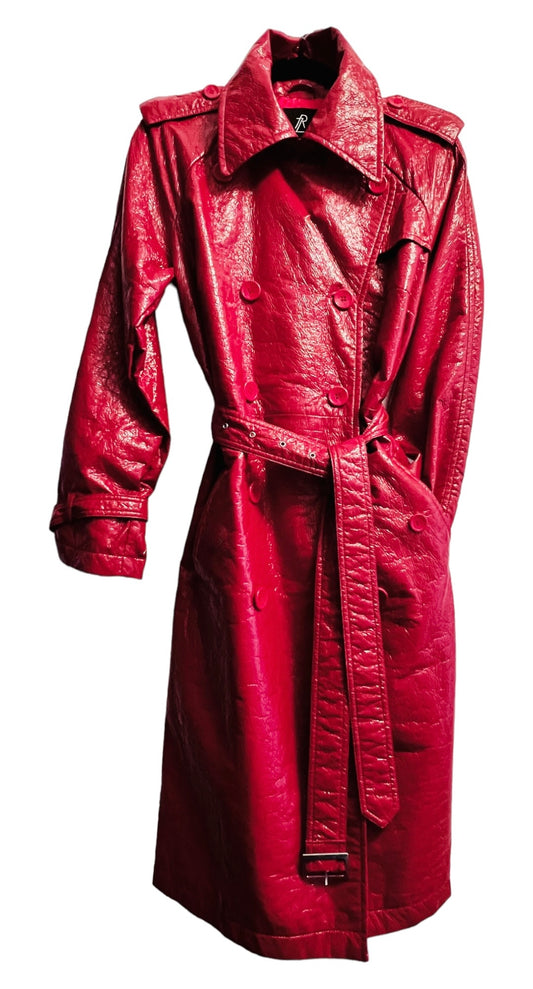 FUN & FLATTERING RED 'WET LOOK' RAINCOAT TRENCH BELTED & DOUBLE BREASTED